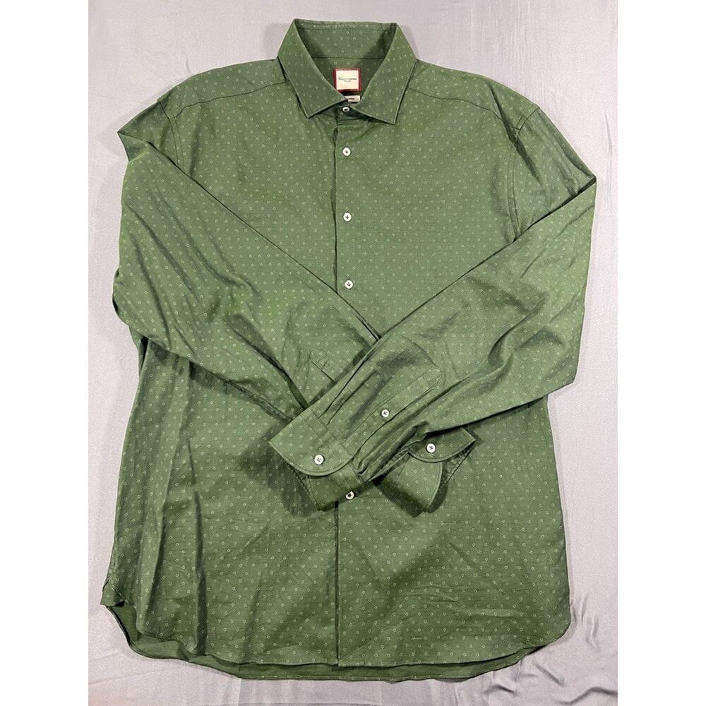Camicissima Trendy Dress Shirt Mens 17.5 Green Micro Floral Cotton Oxford Formal